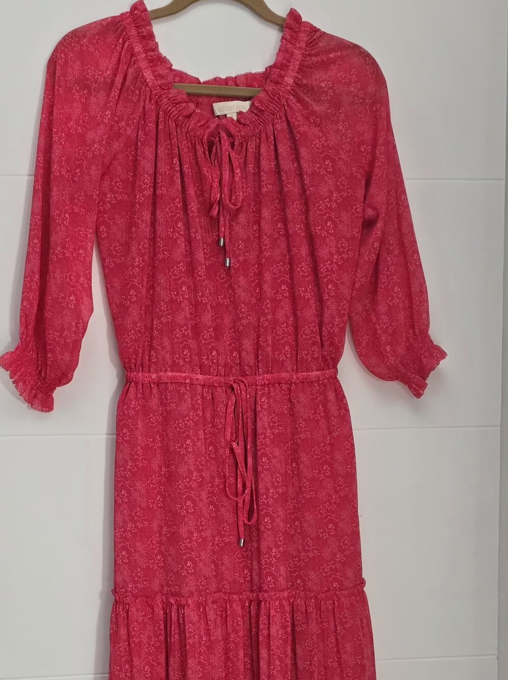 Etcetera Pink Floral Maxi Dress 2 Tiered Chiffon Long Sleeve Boho Wedding Guest